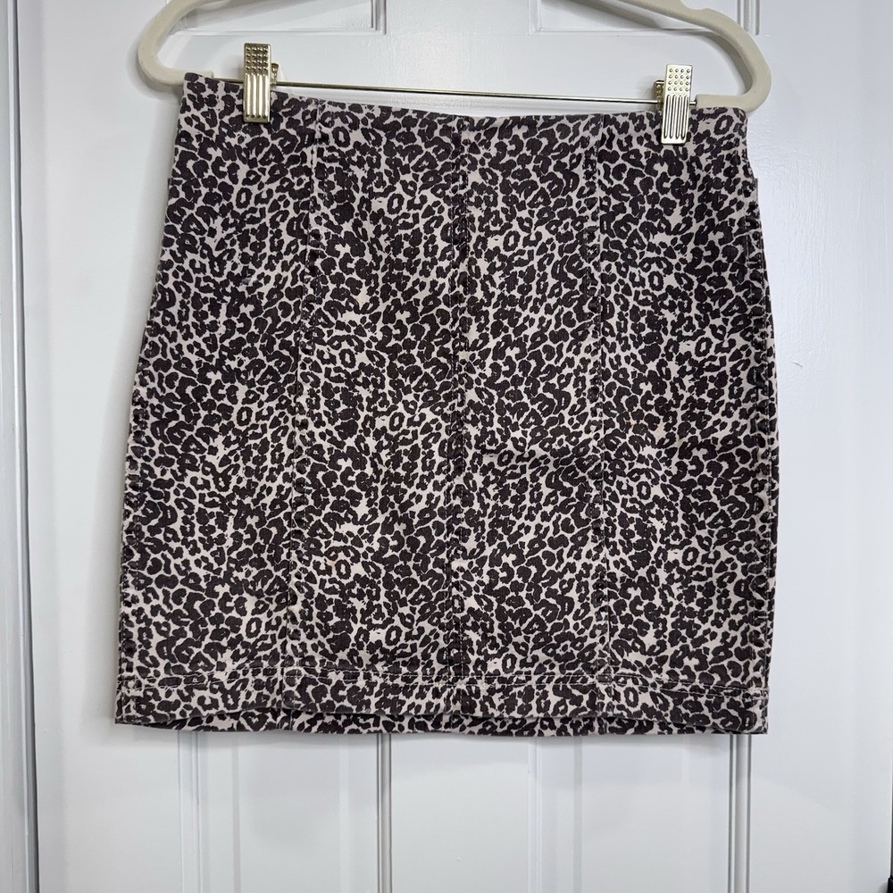 Free People Leopard Print Mini Skirt Womens 8 Animal Print Stretch Denim